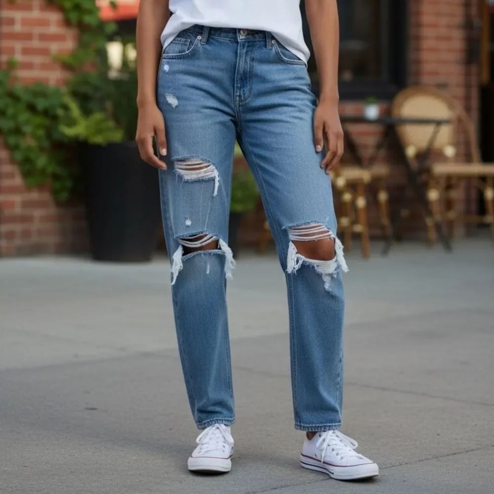 Abercrombie & Fitch Light Blue Distressed High Rise Mom Jeans (Curve Love)
